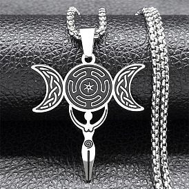 304 Stainless Steel Enamel Pendant Necklaces, Triple Moon Goddess Pendant