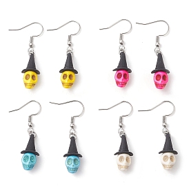 4 paires de boucles d'oreilles pendantes en turquoise synthétique teintes, avec 304 accessoire en acier inoxydable, crane, pour halloween