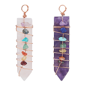 SUPERFINDINGS 2Pcs 2 Style Natural Rose Quartz & Amethyst Big Pendants, with Rose Gold Brass Findings and Mixed Stone, Arrow
