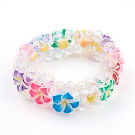 AB Color Plated Glass Bead Multi-Strand Stretch Bracelets, with Flower Polymer Clay Beads, Faceted Round