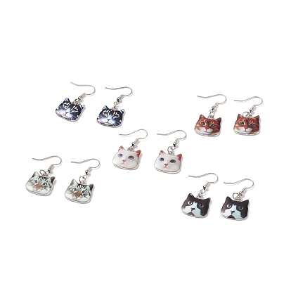Boucles d'oreilles pendantes chat en alliage d'émail, plaqué platine 304 bijoux en acier inoxydable pour femmes