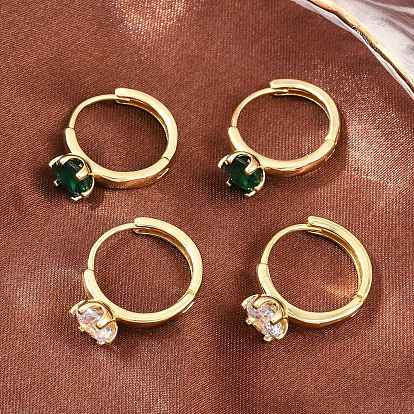 Brass Micro Pave Cubic Zirconia Hoop Earrings, Cadmium Free & Lead Free, Long-Lasting Plated, Rack Plating, Real 18K Gold Plated