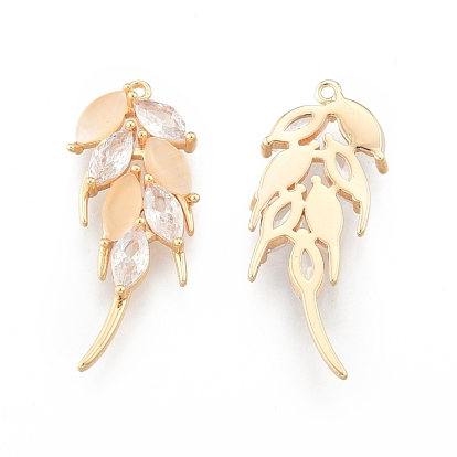 Brass Pave Cubic Zirconia Pendants, with Acrylic, Cadmium Free & Nickel Free & Lead Free, Leaf, Real 18K Gold Plated