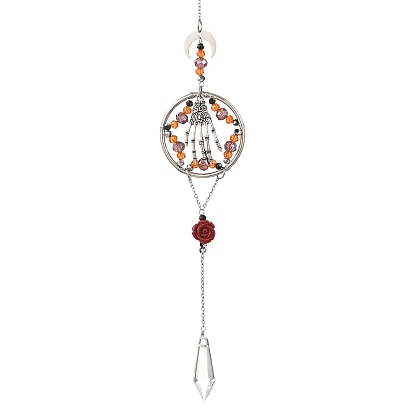 Halloween Alloy Skeleton Hand & Iron Ring Suncatcher, Glass Cone Charms with Synthetic Coral Rose Beads for Window Hanging Decor