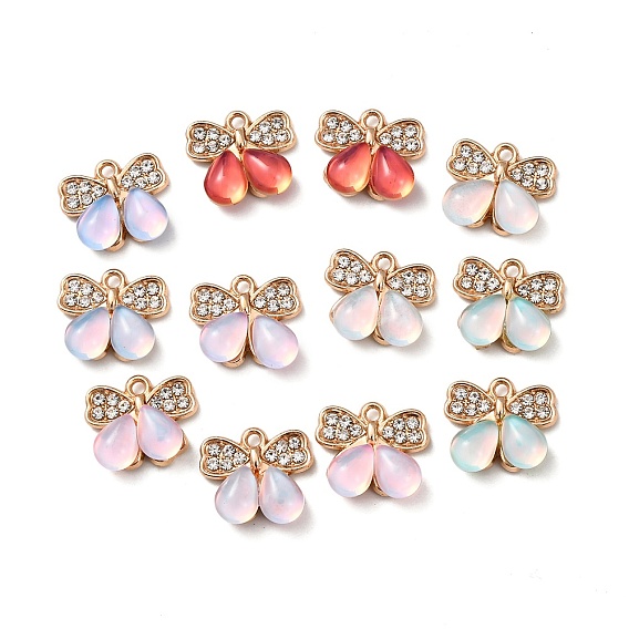 Сплав стекла подвески, бантик и подвеска в форме капли, со стразами, золотые