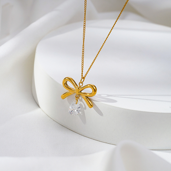 Простой дизайн, ожерелья из нержавеющей стали с бантом и прозрачным кубическим цирконием в форме капли для женщин