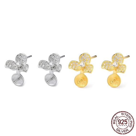Rhodium Plated 925 Sterling Silver Stud Earring Findings, with Micro Pave Clear Cubic Zirconia, Flower, for Half Drilled Beads, with S925 Stamp