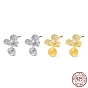 Rhodium Plated 925 Sterling Silver Stud Earring Findings, with Micro Pave Clear Cubic Zirconia, Flower, for Half Drilled Beads, with S925 Stamp