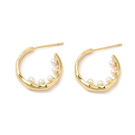 Rack Plating Brass Rring Stud Earrings with Plastic Pearl Beaded, Half Hoop Earrings, Lead Free & Cadmium Free