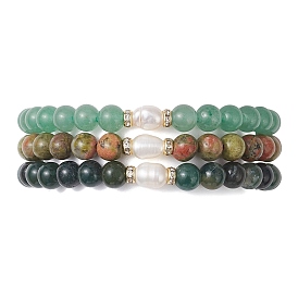 3Шт. браслеты из натуральных агатов, зеленого авантюрина и унакита, круглые бусины для женщин, с натуральным культивированным пресноводным жемчугом