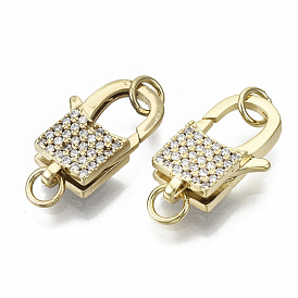 Brass Micro Pave Clear Cubic Zirconia Lobster Claw Clasps, with Jump Rings, Nickel Free, Lock