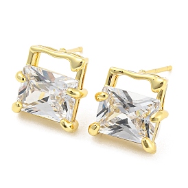Square Clear Cubic Zirconia Stud Earrings, Brass Jewelry for Women