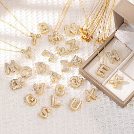 Brass Micro Pave Clear Cubic Zirconia Letter Pendant Necklaces, Real 18K Gold Plated