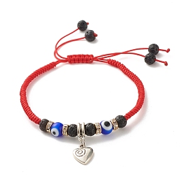 Round Evil Eye and Natural Lava Rock Braided Bead Bracelet, Heart Charm Lucky Bracelet for Girl Women