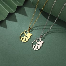 Stainless Steel Cable Chain Cuddling Cat Pendant Necklaces for Men and Women