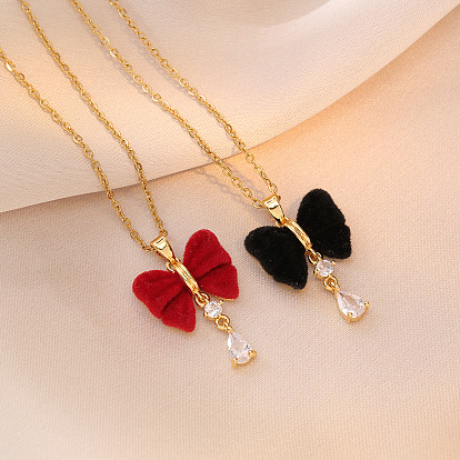 Рождество 304 Женские ожерелья с подвесками в виде банта из нержавеющей стали, стразами и флокированной тканью, золотые