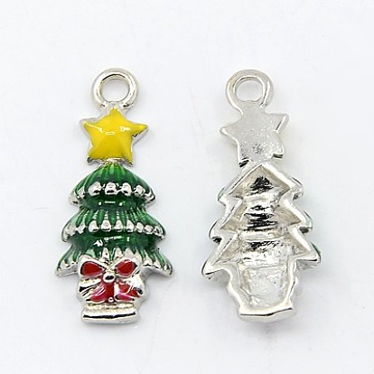 Laiton émail pendentifs, arbre de Noël, de couleur métal platine , 11x26mm, Trou: 2mm