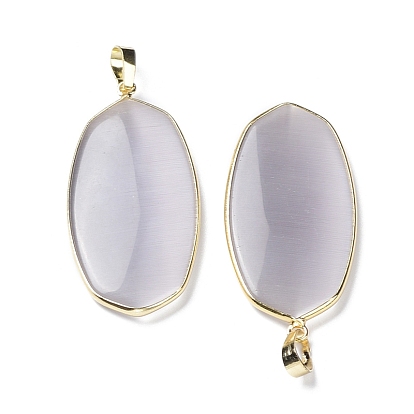 Cat Eye Pendants, with Golden Tone Brass Findings, Cadmium Free & Lead Free, Oval Charms