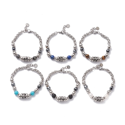 Mixed Gemstone Beaded Stone Bracelet for Girl Women, 201 Stainless Steel Chain Bracelet with Column Beads, Antique Silver & Stainless Steel Color