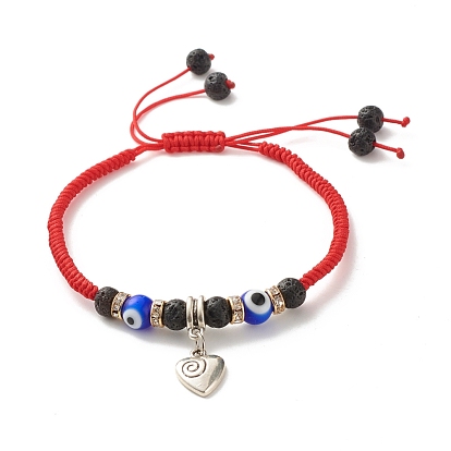 Round Evil Eye and Natural Lava Rock Braided Bead Bracelet, Heart Charm Lucky Bracelet for Girl Women