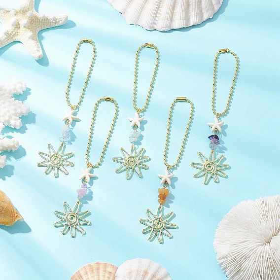 Подвеска из сплава цветов и синтетической бирюзы в виде морской звезды, с натуральным кварцевым кристаллом, аметистом, аквамарином, красным авантюрином, флюоритовыми бусинами и железными цепочками