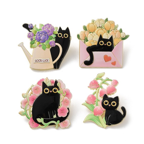 Эмалированные значки с изображением черной кошки и цветка, булавки для лацканов из сплава для одежды рюкзака, золотые
