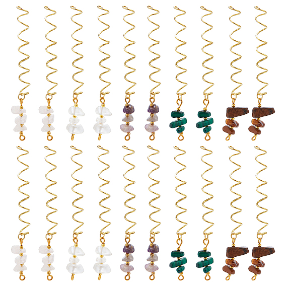 6 Sets 5 Styles Natural Tiger Eye & Rose Quartz & Amethyst, Opalite & Synthetic Malachite Chip Big Pendants, , with Golden Toine Copper Wire