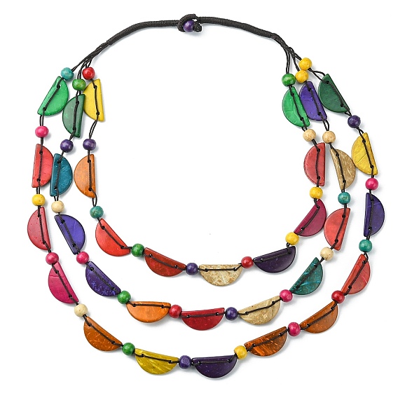 Dyed Natural Coconut Half Round Beaded Chains 3 Layer Necklaces, Bohemian Jewelry for Women