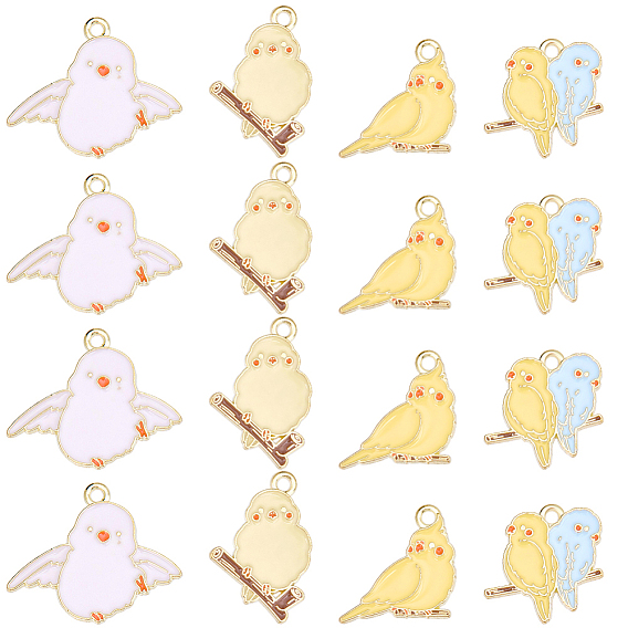 40Pcs 4 Styles Alloy Enamel Pendants, Bird Charms, Golden