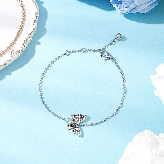 Браслеты-бабочки из сплава в тибетском стиле, 304 браслеты из нержавеющей стали с цепочками для женщин