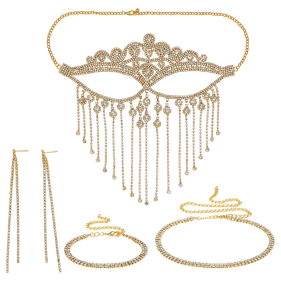 Комплекты ювелирных изделий, включая ожерелья, браслеты и серьги из латунных страз, маска для лица с кисточками из сплава стразов