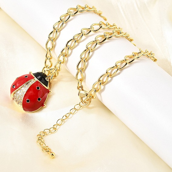 Латунные микропаве прозрачные кубические цирконии красная эмаль ожерелья с подвеской в виде божьей коровки, стойки покрытие, долговечный, без свинца и без кадмия