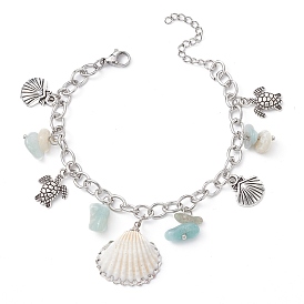 Natural Amazonite Chips & Shell & Tortoise Charm Bracelet, with Alloy Chains