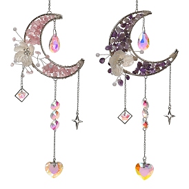 Atrapasueños colgante de metal con forma de luna y fragmentos de piedras preciosas naturales, dijes de corazón de cristal para decoración de pared con prismas de ventana