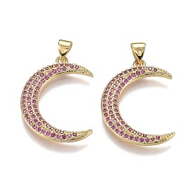 Brass Micro Pave Cubic Zirconia Pendants, Real 18K Gold Plated, Long-Lasting Plated, with Snap on Bails, Moon