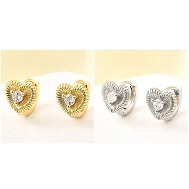 Серьги-кольца из латуни с микропаве и прозрачным кубическим цирконием в форме сердца, без свинца и без кадмия, долговечный, стойки покрытие