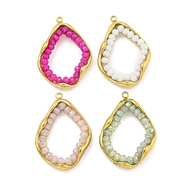 Faceted Natural Quartz Dyed Pendants, Irregular Oval Charms with Golden Plated 304 Stainless Steel Edge