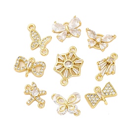 Brass Clear Cubic Zirconia Connector Charms/Links, Bowknot/Butterfly/Fan/Starfish, Real 14K Gold Plated