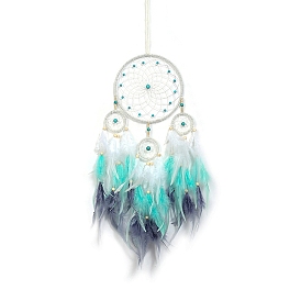 Iron Ring Woven Net/Web with Feather Wall Hanging Decoration, with Cloth & Wood Beads, for Home Offices Amulet Ornament