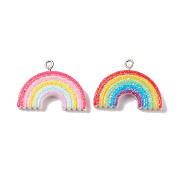 Opaque Resin Pendants, with Platinum Tone Iron Loops and Glitter Powder, Rainbow