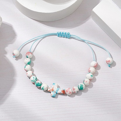Регулируемые браслеты из нейлонового шнура с плетеными бусинами для женщин и мужчин, с бусинами из синтетического океанического белого нефрита и бирюзы, крестик