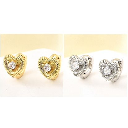 Серьги-кольца из латуни с микропаве и прозрачным кубическим цирконием в форме сердца, без свинца и без кадмия, долговечный, стойки покрытие