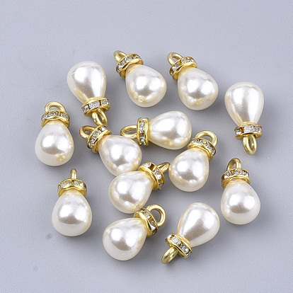 High Luster ABS Plastic Imitation Pearl Pendants, with Golden Plated Iron Findings and Crystal Rhinestone, Teardrop