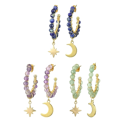 3 Pairs 3 Style Natural Mixed Gemstone Beaded Half Hoop Earrings, Golden Alloy  Moon & Star Asymmetrical Earrings, Dangle Stud Earrings
