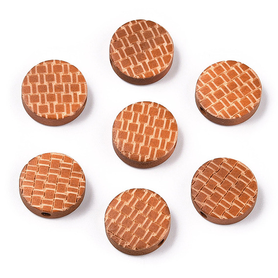 Painted Natural Wood Beads, Laser Engraved Pattern, Flat Round