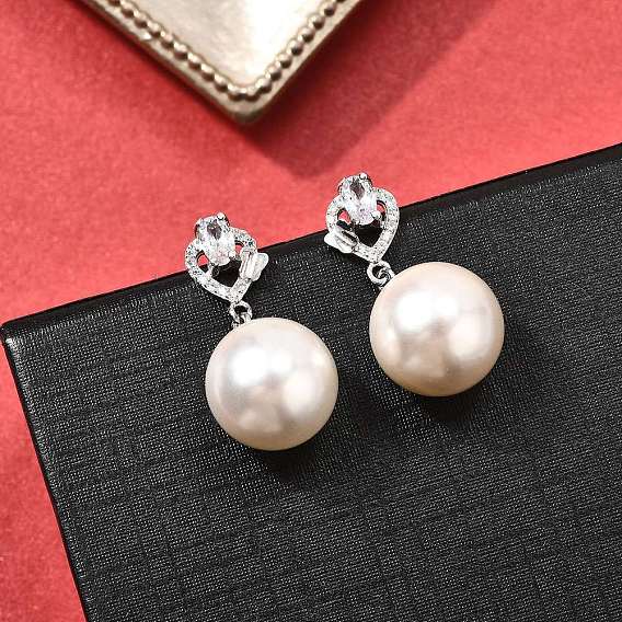925 серебряные серьги-гвоздики с прозрачным кубическим цирконием в форме сердца и круглыми подвесками, с имитацией жемчужины из ракушки