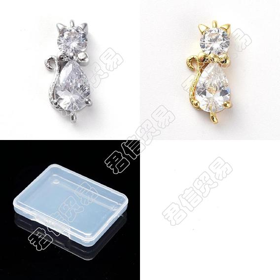 12Pcs 2 Colors Brass Clear Cubic Zirconia Connector Charms, Cat