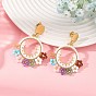 Natural Amethyst & Green Aventurinee & Red Jasper & Howlit & Sunstone & Rose Quartz & Magnesite and Glass Beads Braided Dangle Earrings, Ring with Flower, 304 Stainless Stud Earrings, Golden