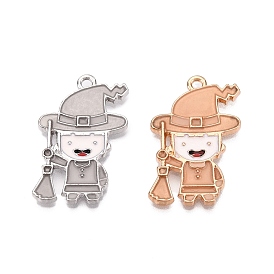 Halloween Theme Rack Plating Luminous Alloy Enamel Pendants, Glow in the Dark, Human with Witch Hat Charm