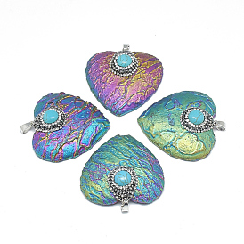 Electroplated Natural Ore Pendants, with Rhinestone, Turquoise and Brass Findings, Heart, Platinum